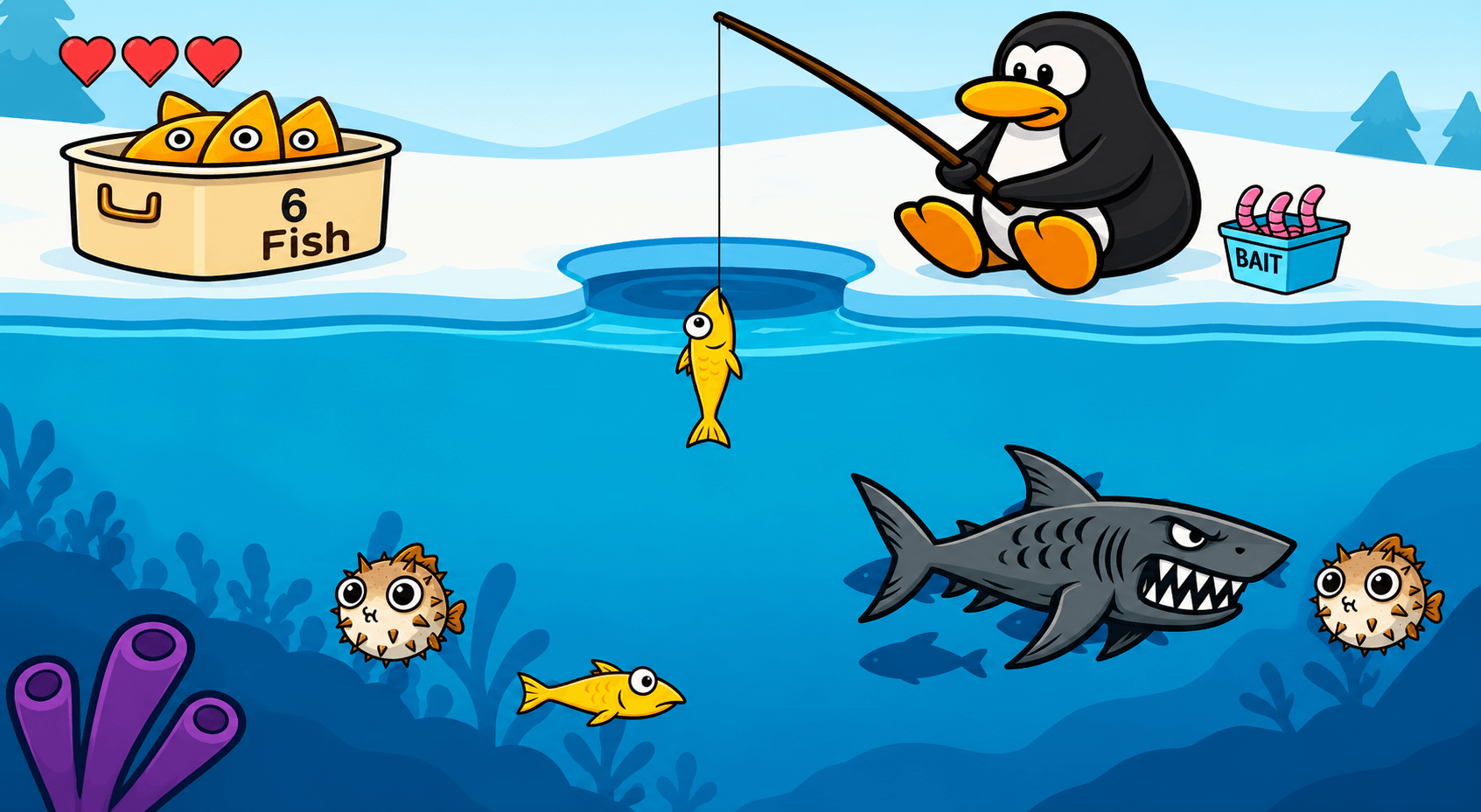 Dangerous Fishing: a penguin ice-fishing above an underwater world of fish and sharks